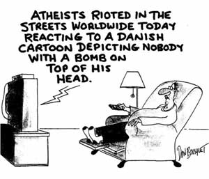 Gli atei sono insorti nelle strade di tutto il mondo oggi, come reazione a delle vignette danesi che mostravano nessuno con una bomba sopra la testa